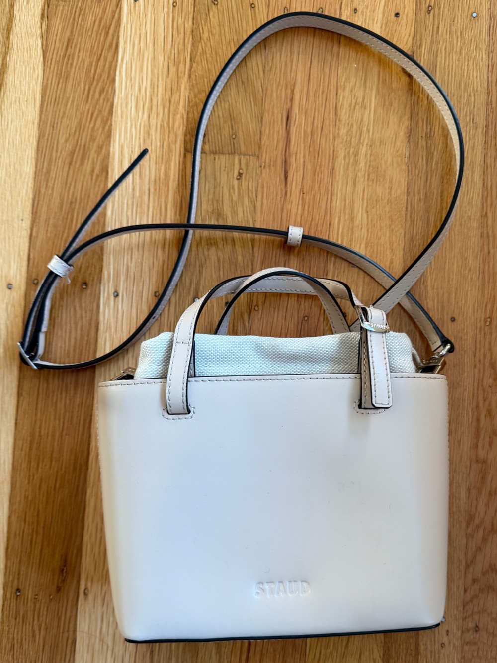 STAUD Cream Leather Mini Tote Shoulder Bag